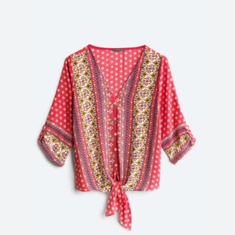 Red Moroccan-Like Patterned Blouse with Front Tie